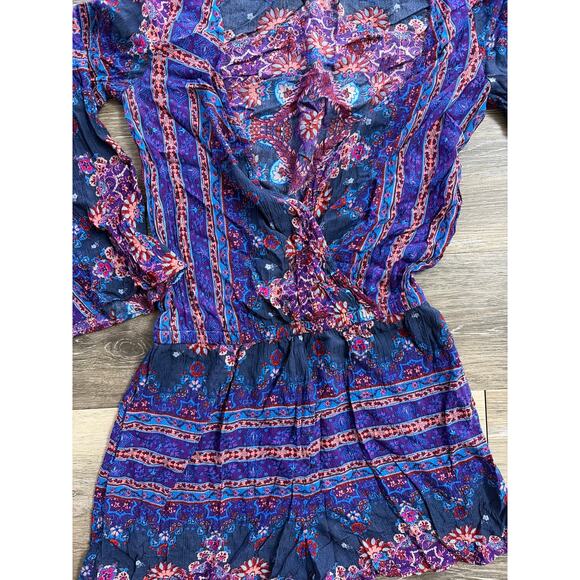 American Eagle Boho Romper Women’s XS | Long Sleeve | Blue/Purple Print - Picture 3 of 7